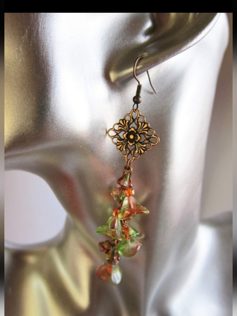 Handcrafted Antiqued Copper Cascading Czech Glass Flower Earrings